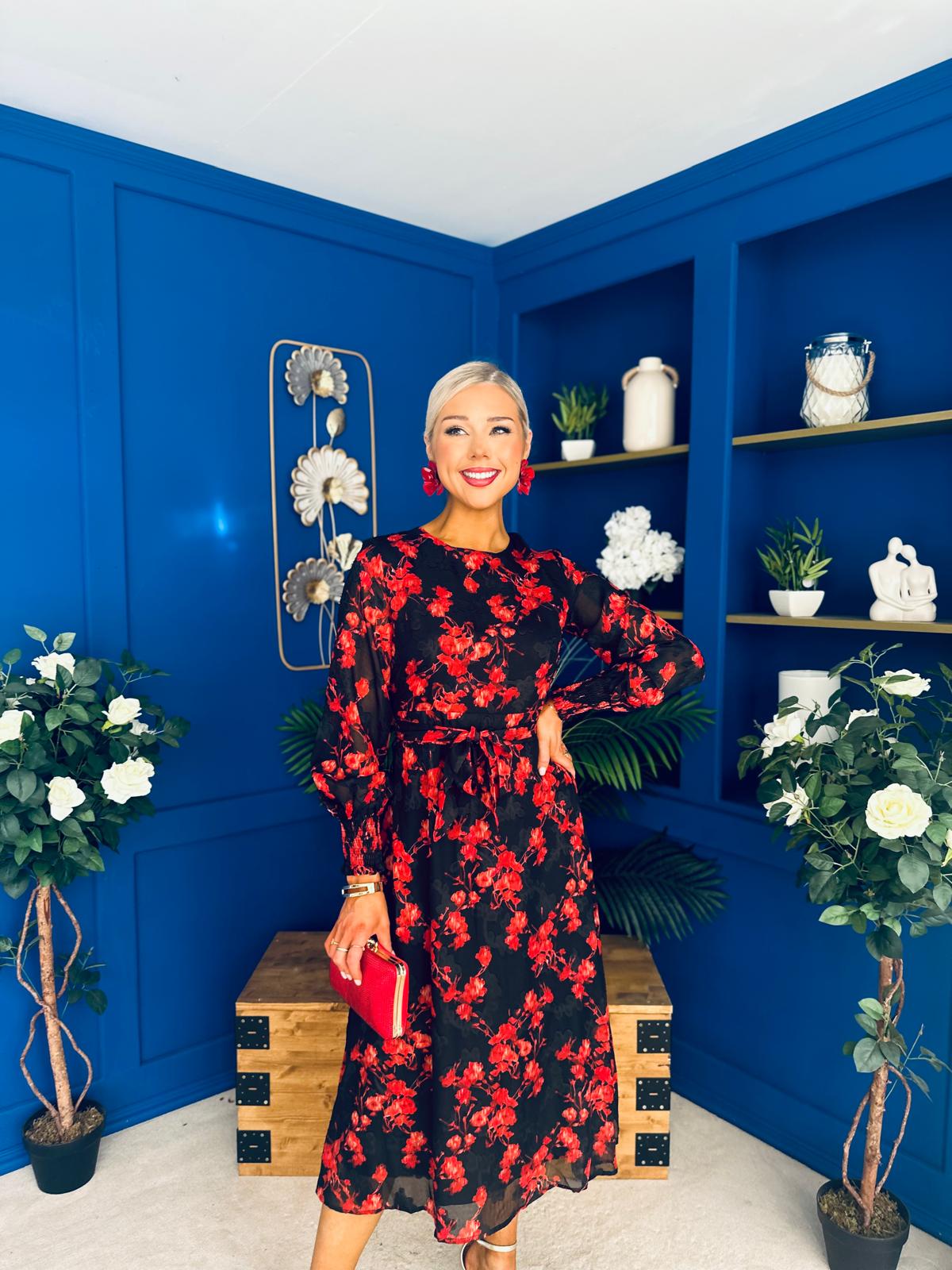 Kyla Long Sleeve Midi Dress Black Floral