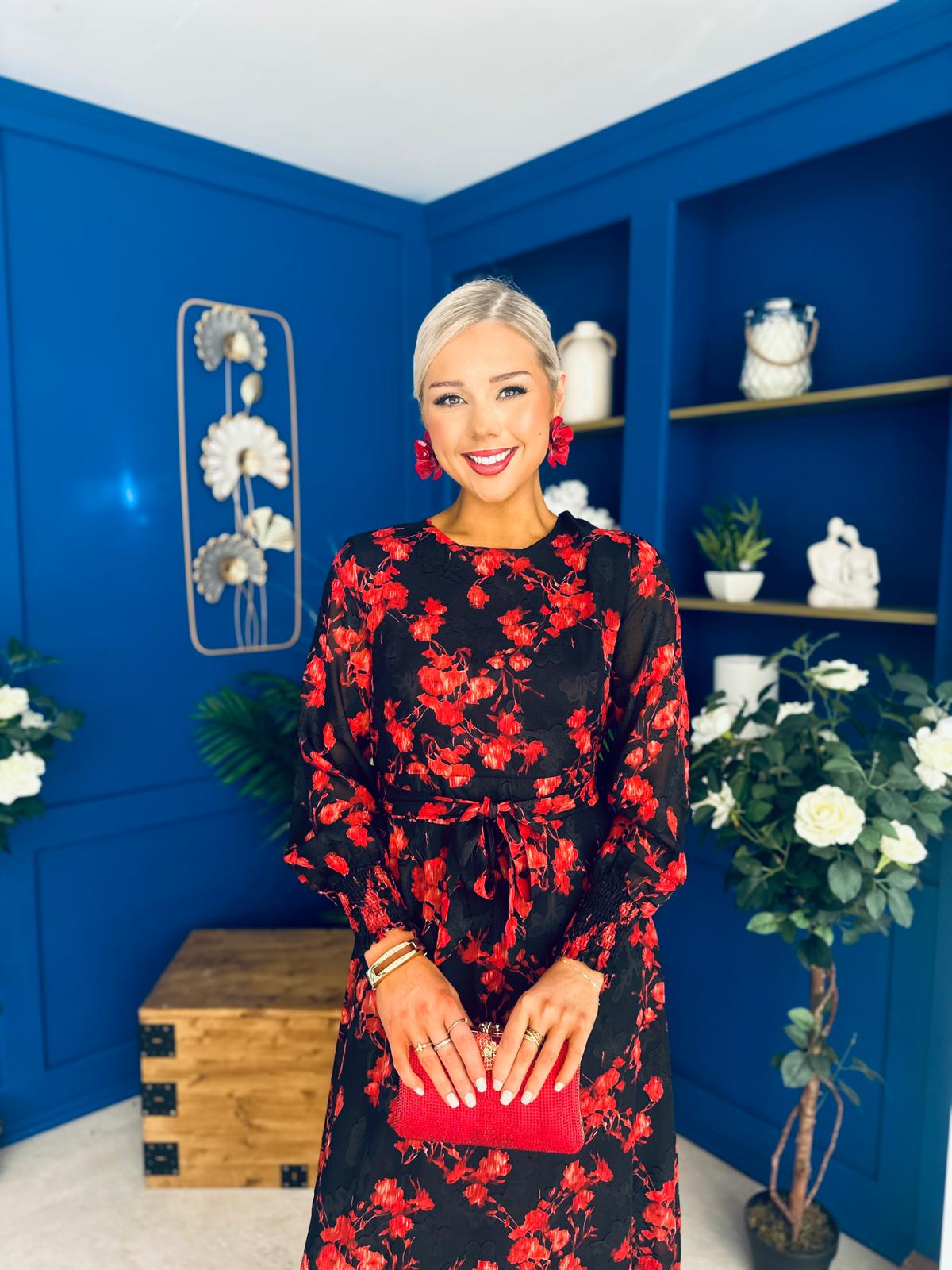 Kyla Long Sleeve Midi Dress Black Floral