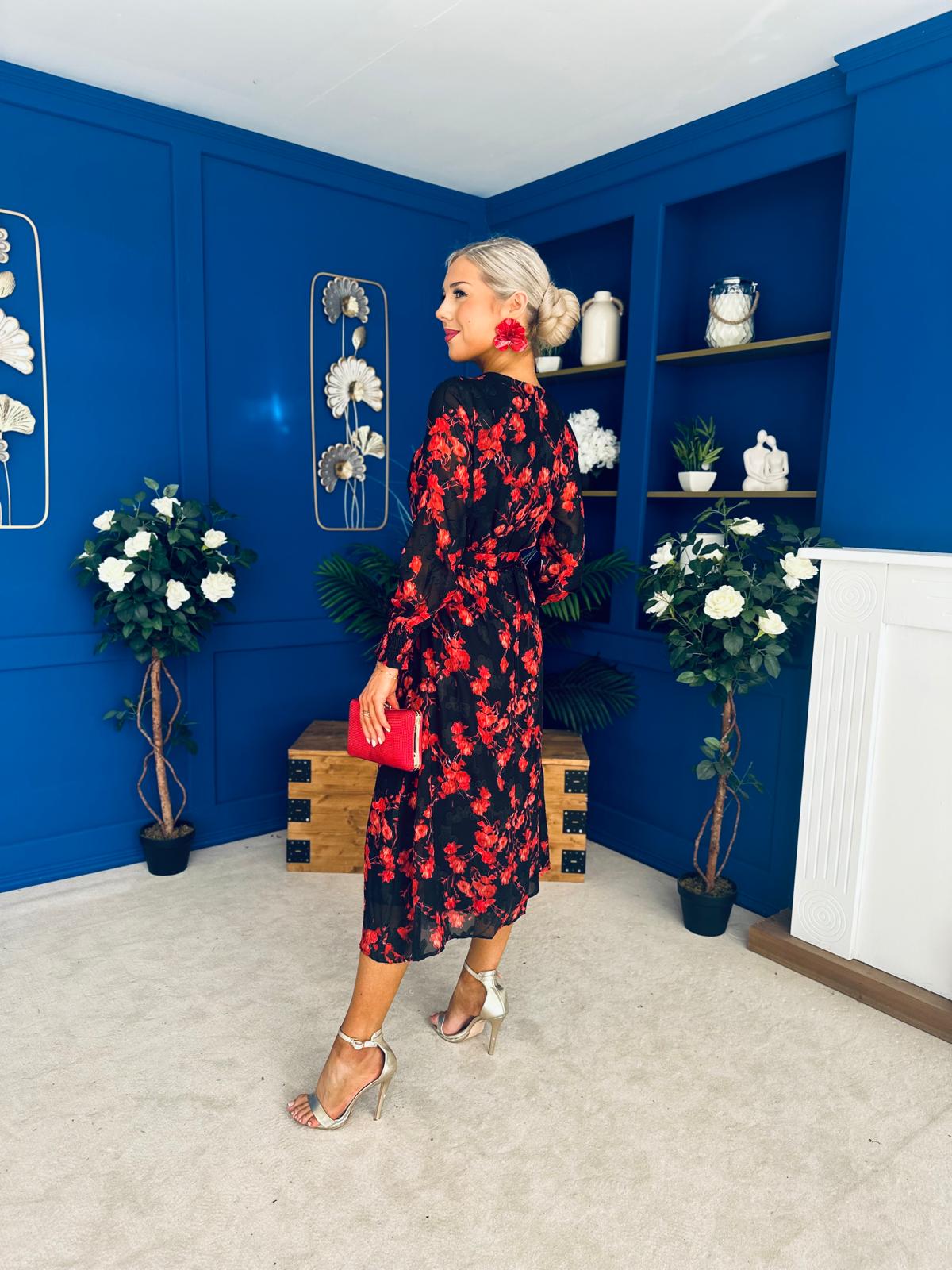 Kyla Long Sleeve Midi Dress Black Floral