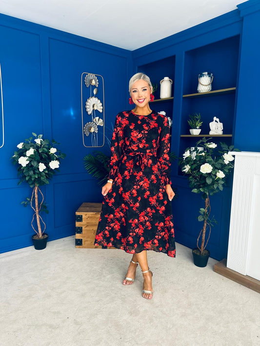 Kyla Long Sleeve Midi Dress Black Floral