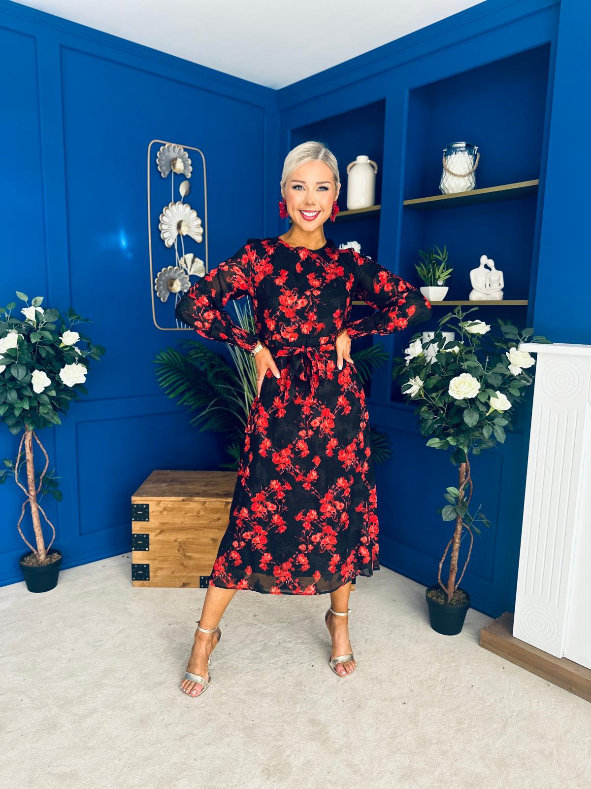 Kyla Long Sleeve Midi Dress Black Floral