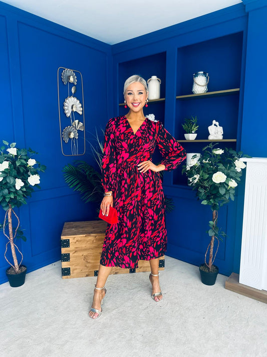 Astrid Long Sleeve Midi Dress Black Fuchsia