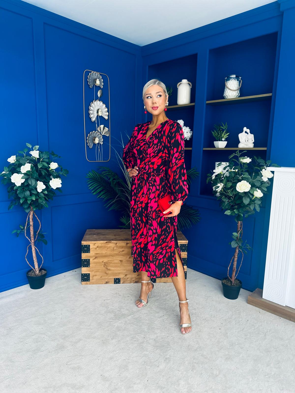 Astrid Long Sleeve Midi Dress Black Fuchsia