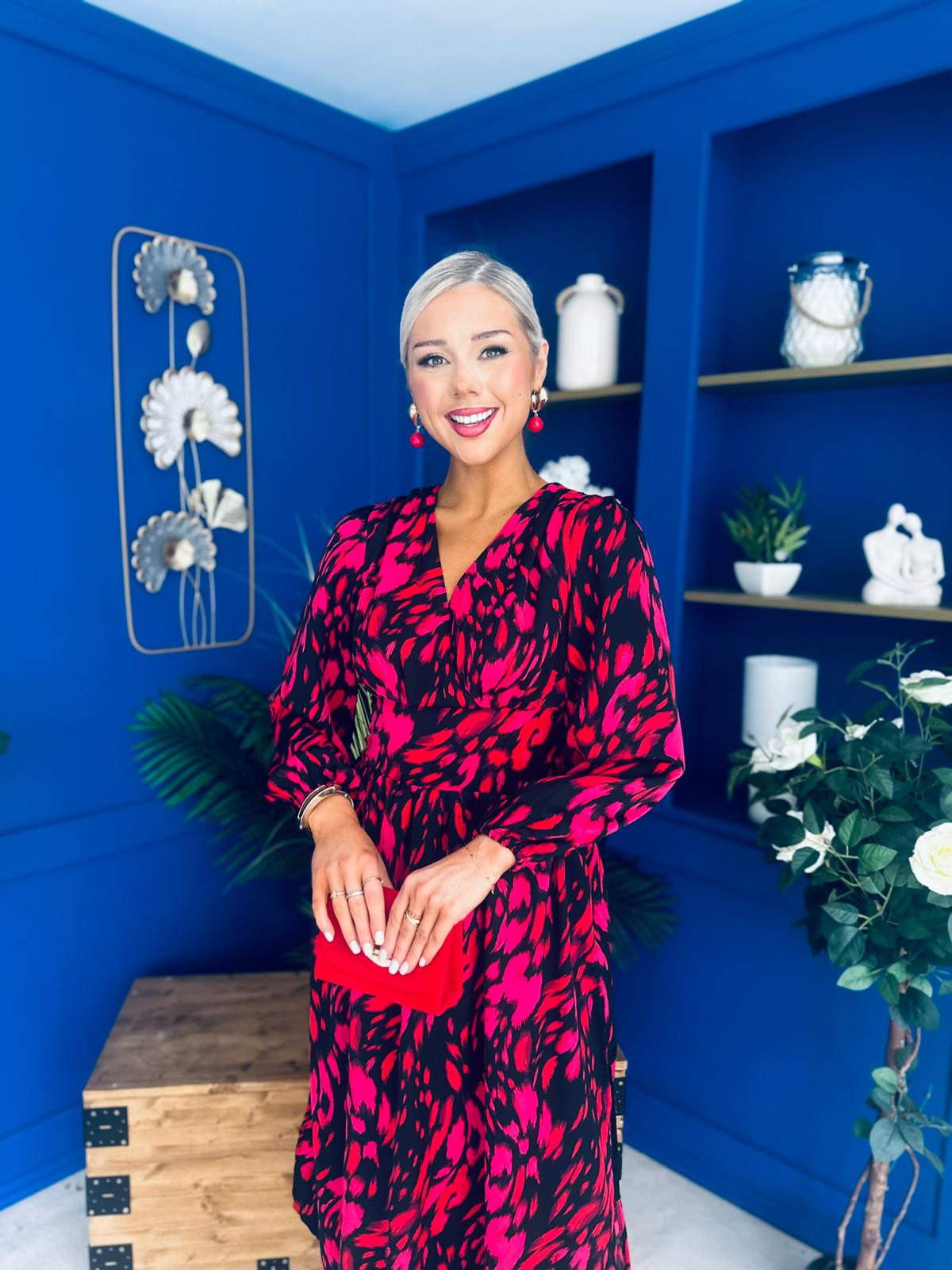 Astrid Long Sleeve Midi Dress Black Fuchsia