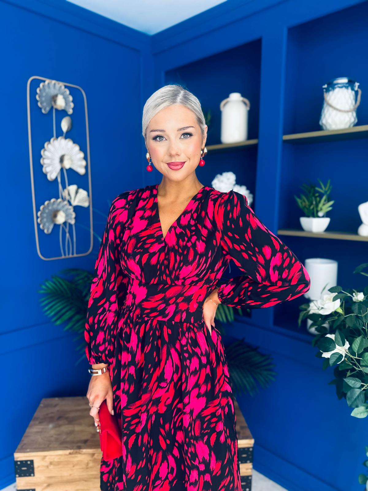 Astrid Long Sleeve Midi Dress Black Fuchsia