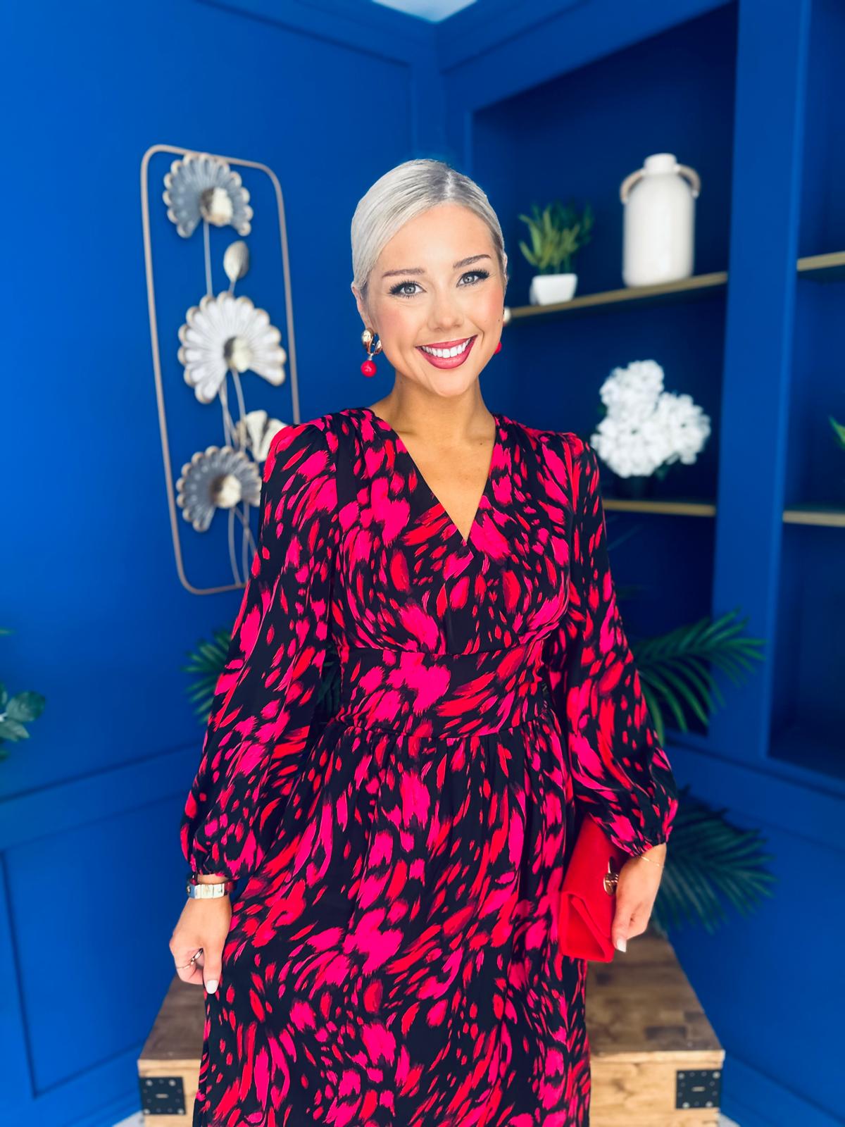 Astrid Long Sleeve Midi Dress Black Fuchsia