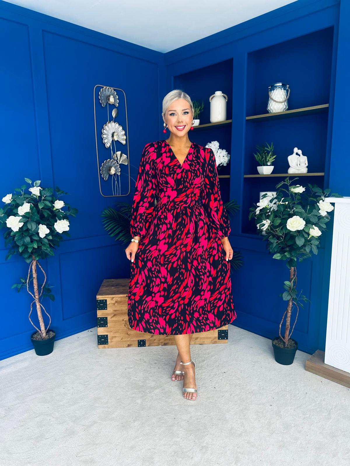 Astrid Long Sleeve Midi Dress Black Fuchsia