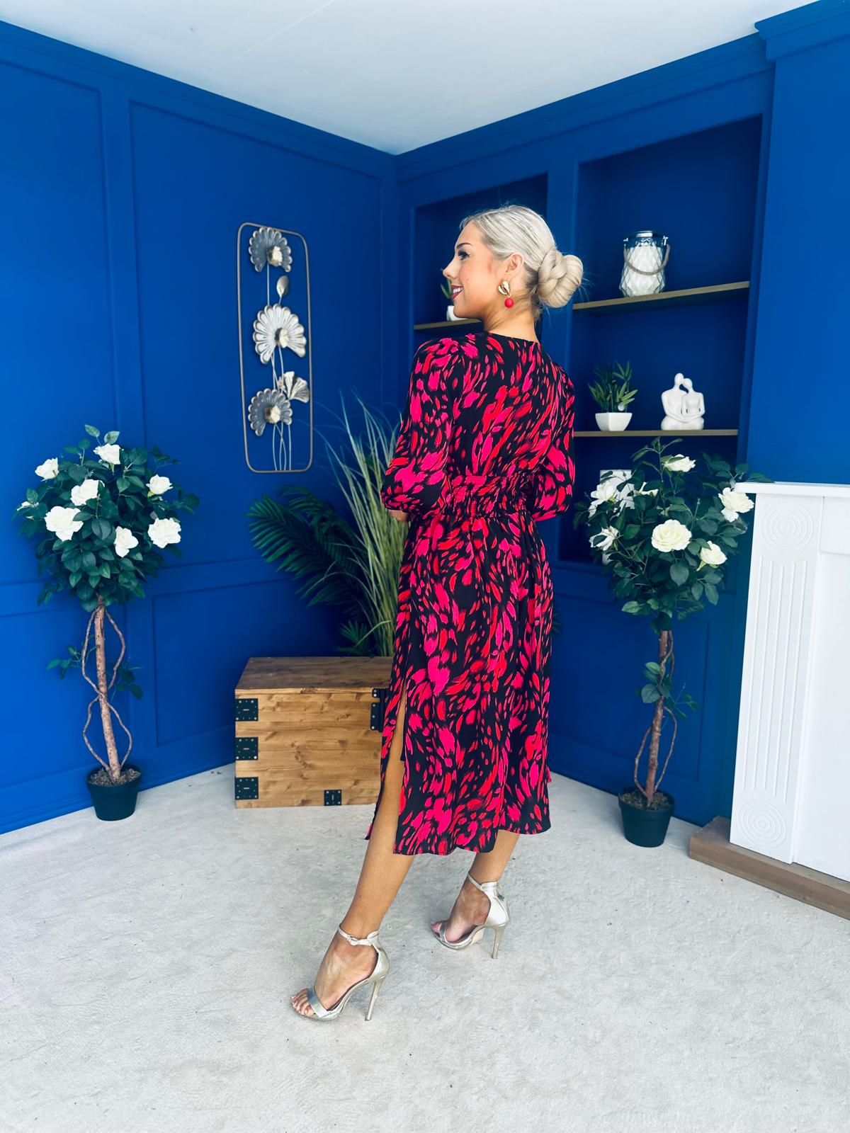 Astrid Long Sleeve Midi Dress Black Fuchsia