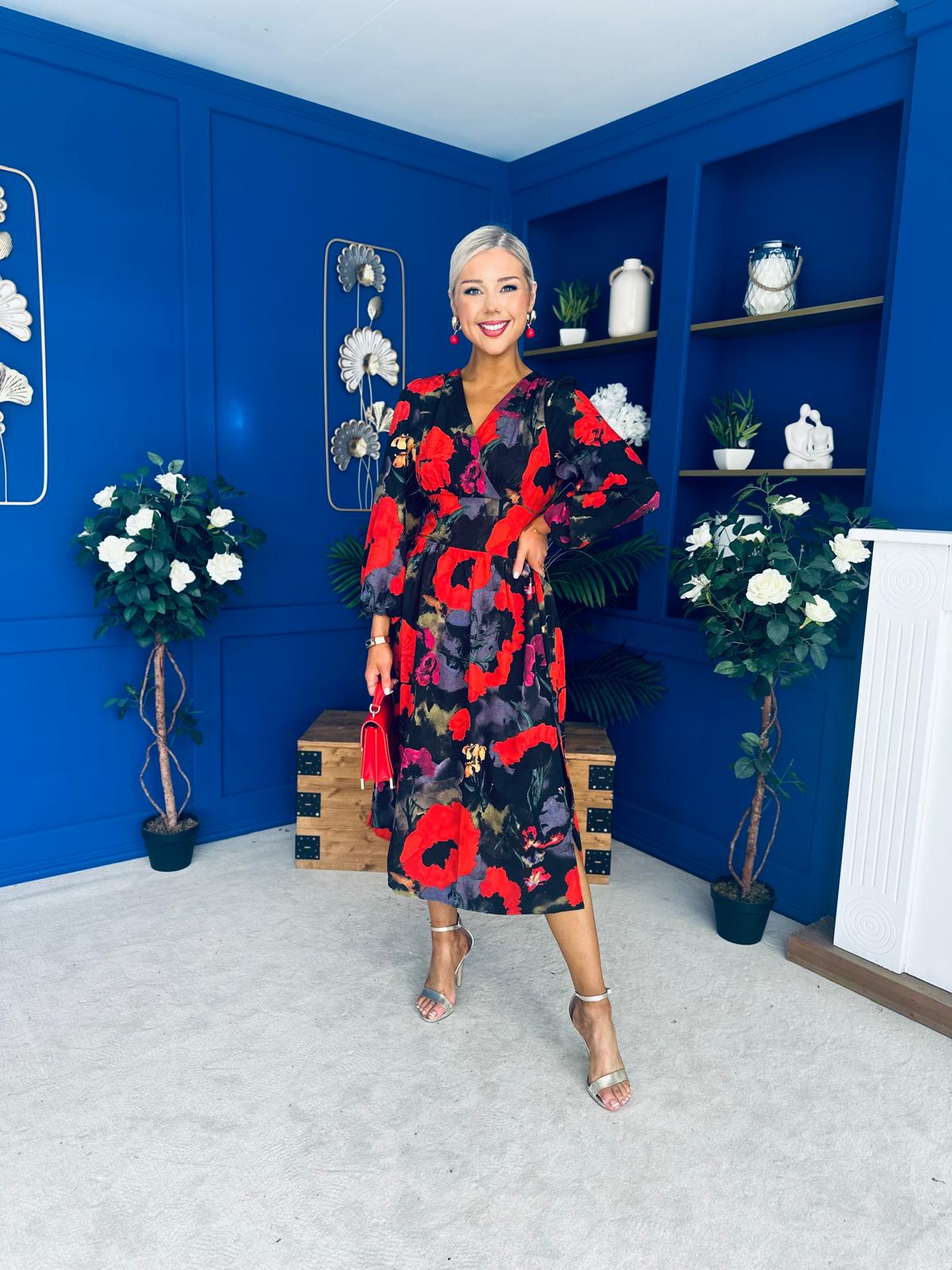 Astrid Long Sleeve Midi Dress Black Floral