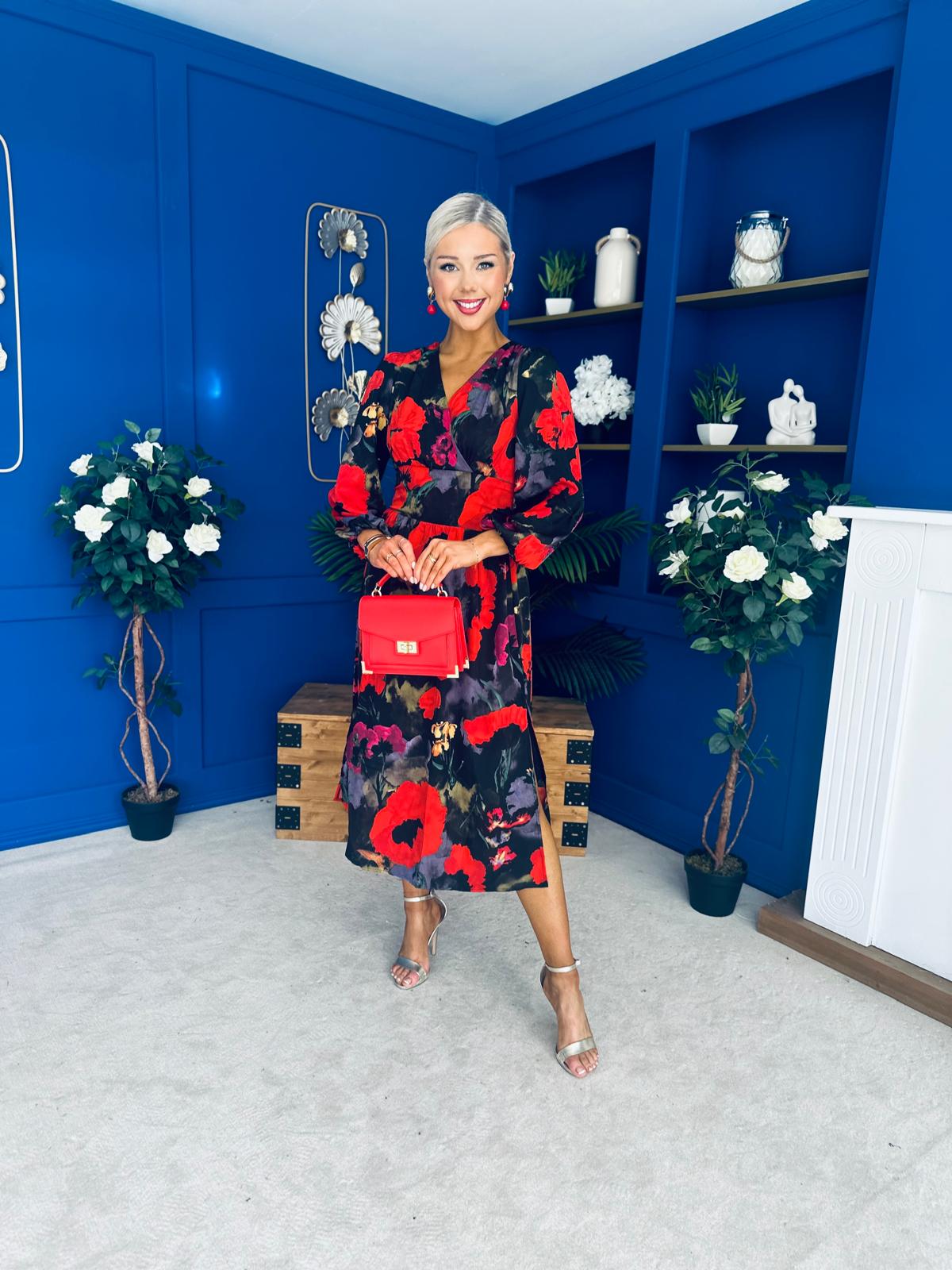 Astrid Long Sleeve Midi Dress Black Floral