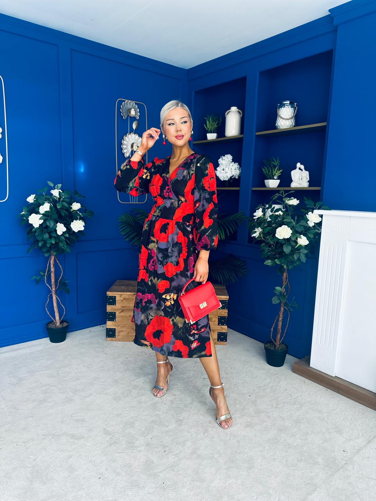 Astrid Long Sleeve Midi Dress Black Floral