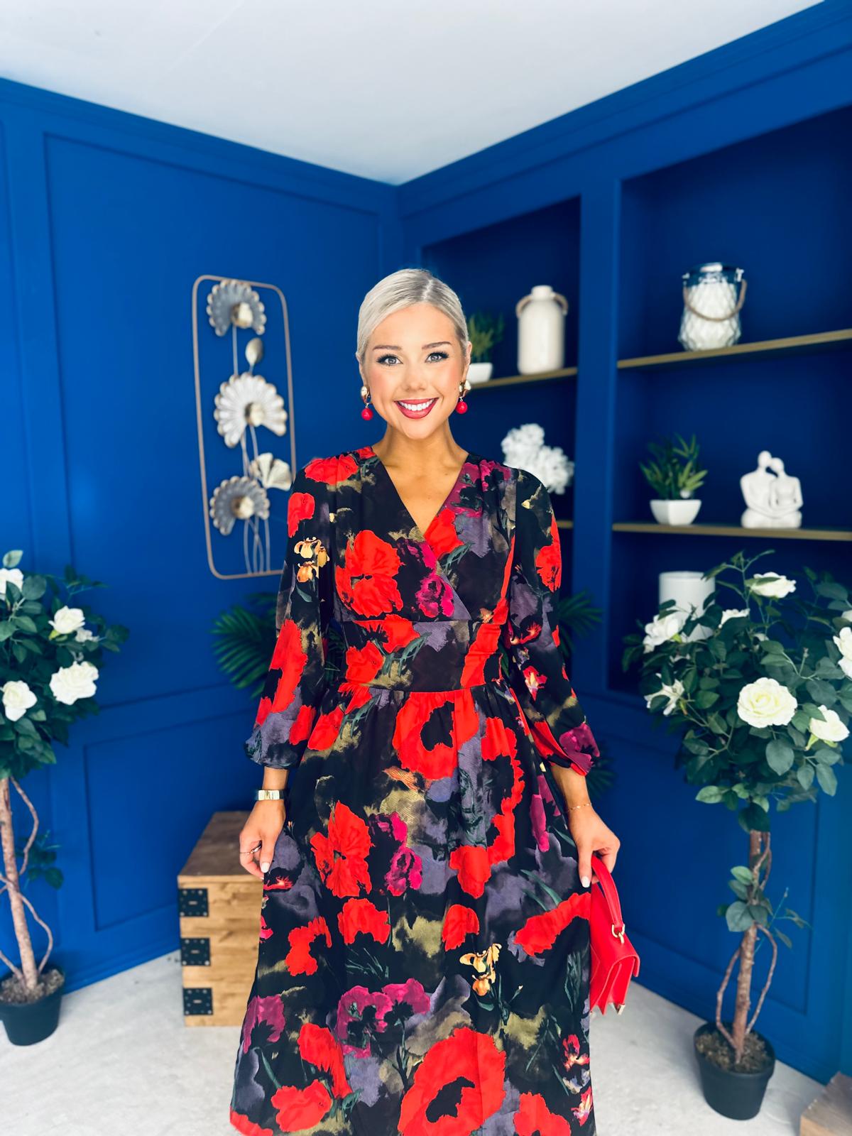 Astrid Long Sleeve Midi Dress Black Floral