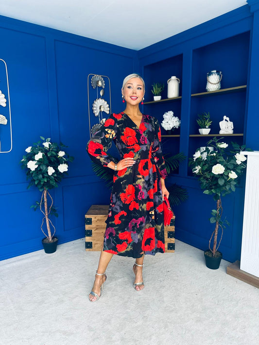 Astrid Long Sleeve Midi Dress Black Floral