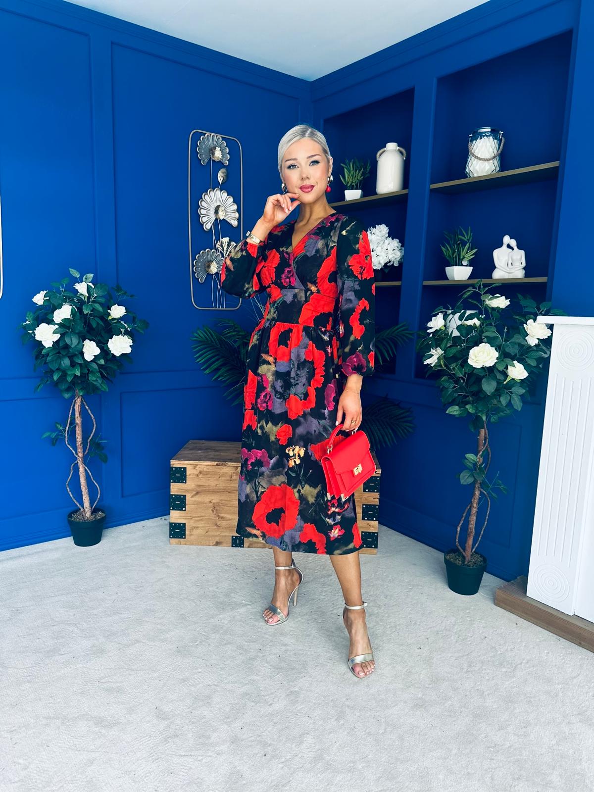 Astrid Long Sleeve Midi Dress Black Floral
