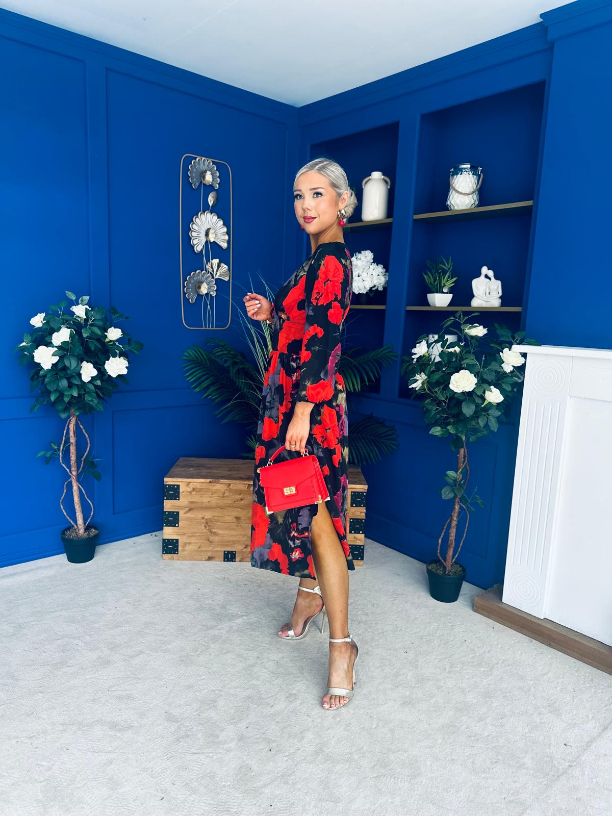 Astrid Long Sleeve Midi Dress Black Floral