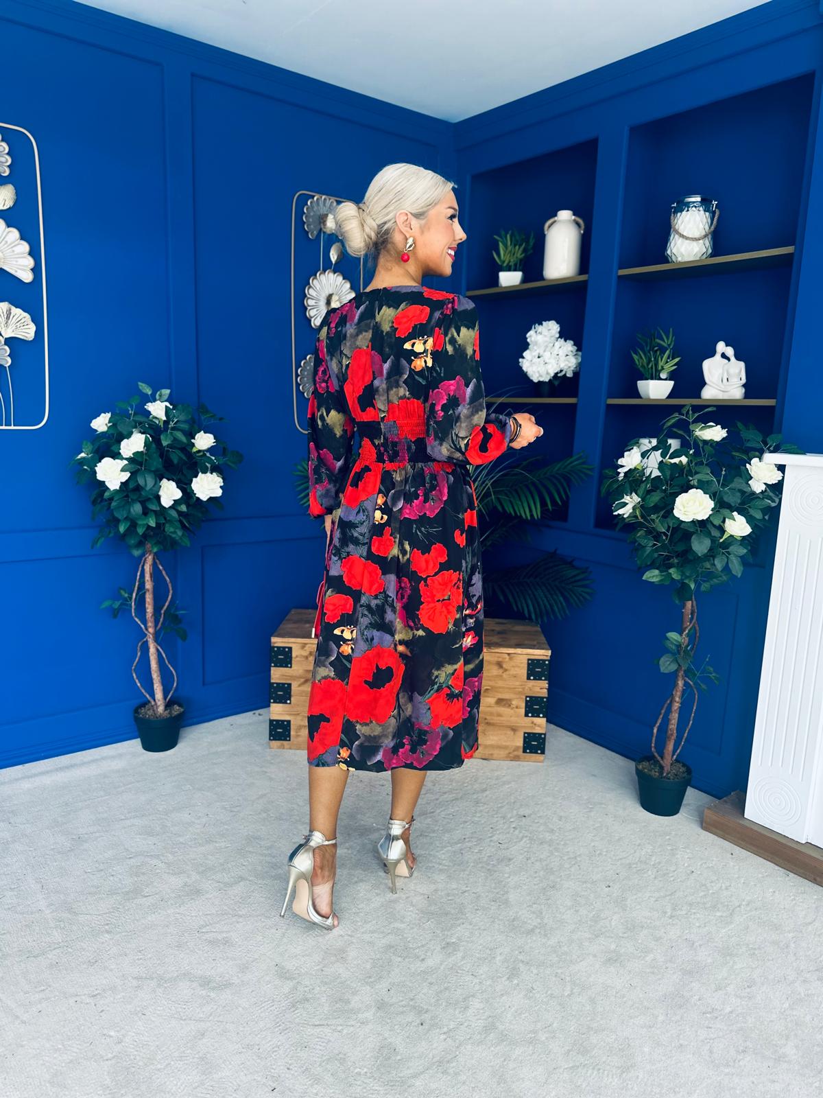 Astrid Long Sleeve Midi Dress Black Floral