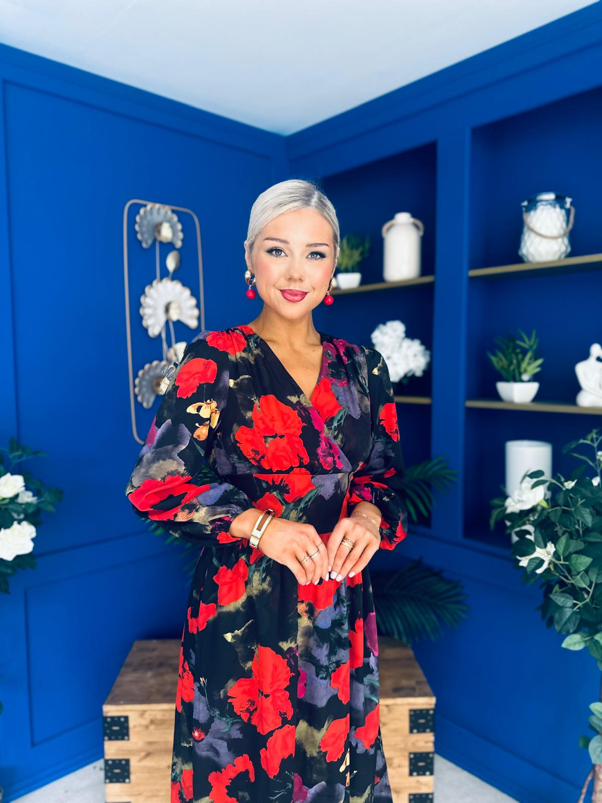 Astrid Long Sleeve Midi Dress Black Floral