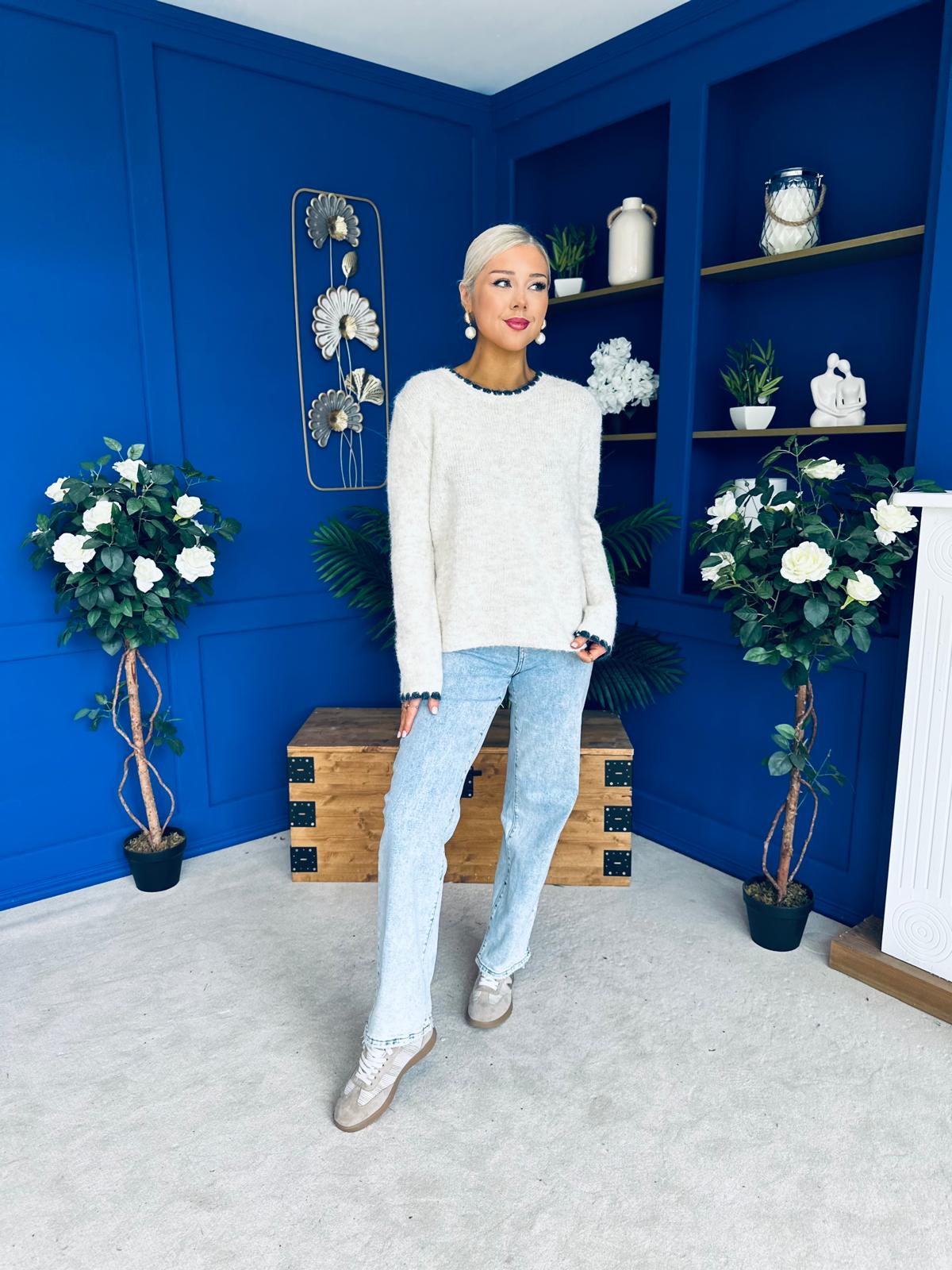Eliza Chunky Knit Jumper Beige / Navy