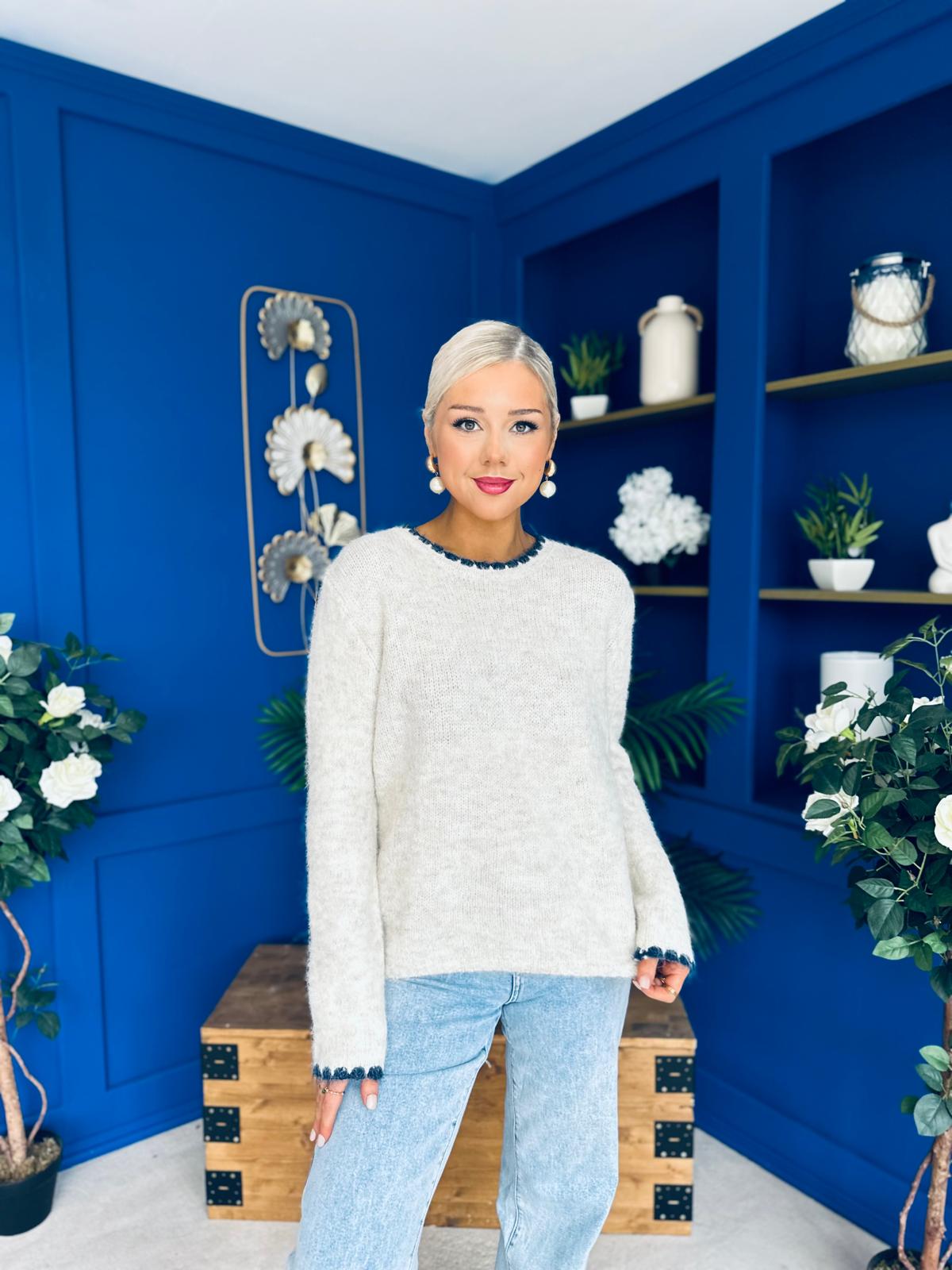Eliza Chunky Knit Jumper Beige / Navy