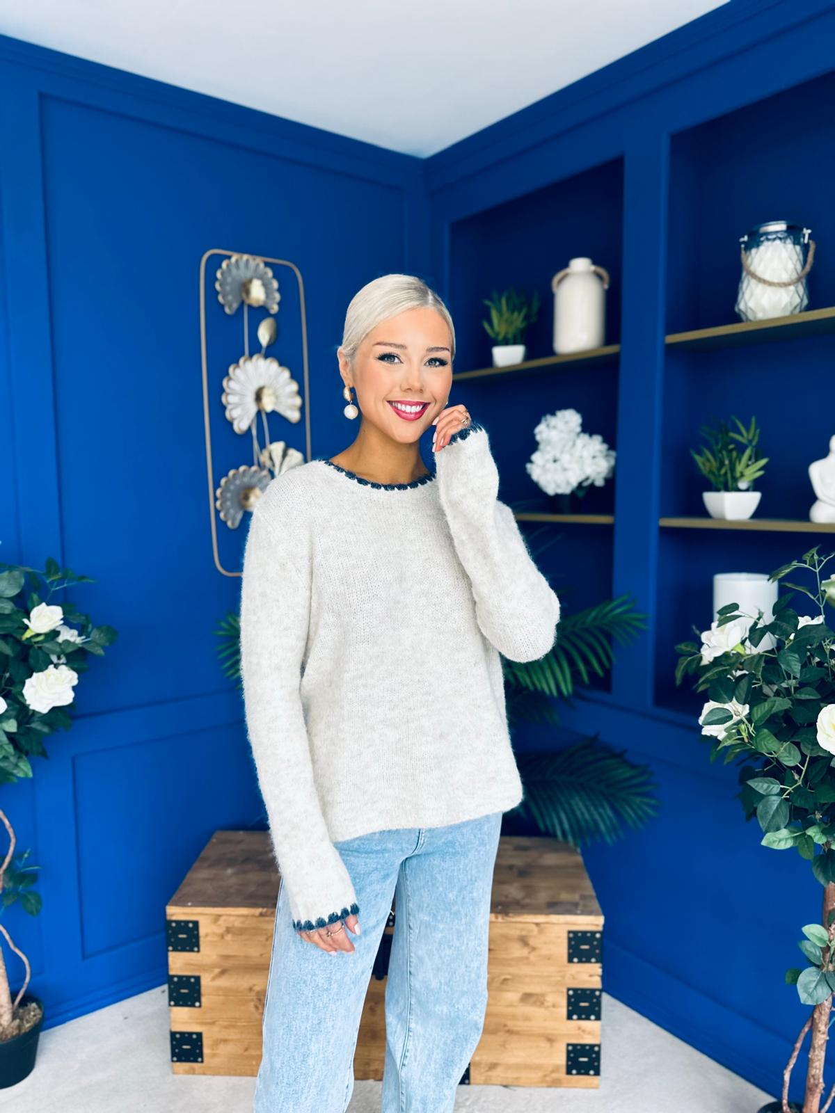 Eliza Chunky Knit Jumper Beige / Navy