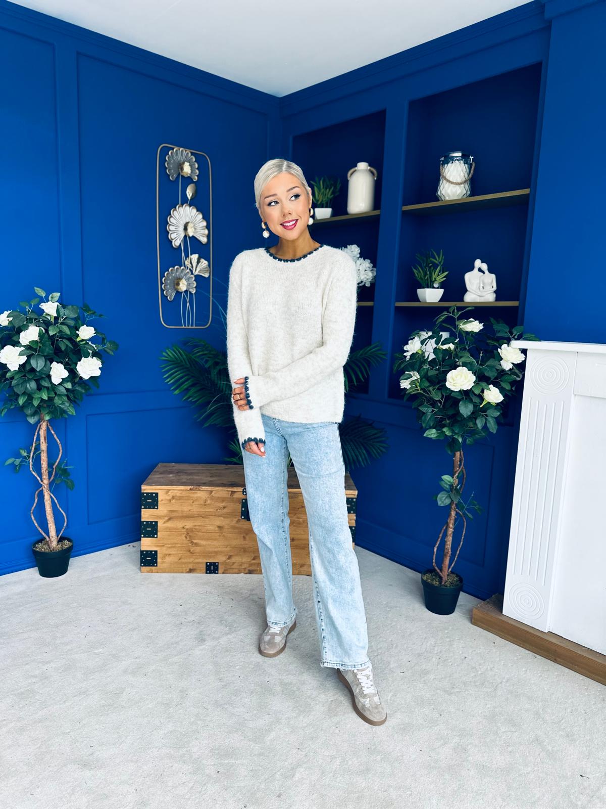 Eliza Chunky Knit Jumper Beige / Navy