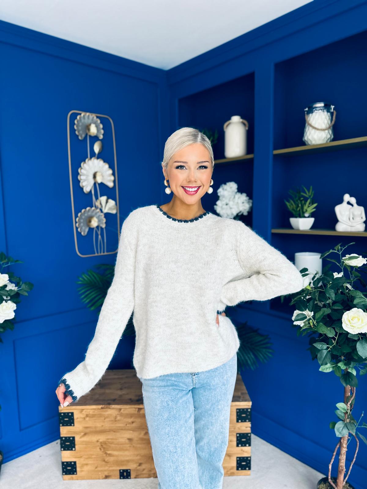 Eliza Chunky Knit Jumper Beige / Navy