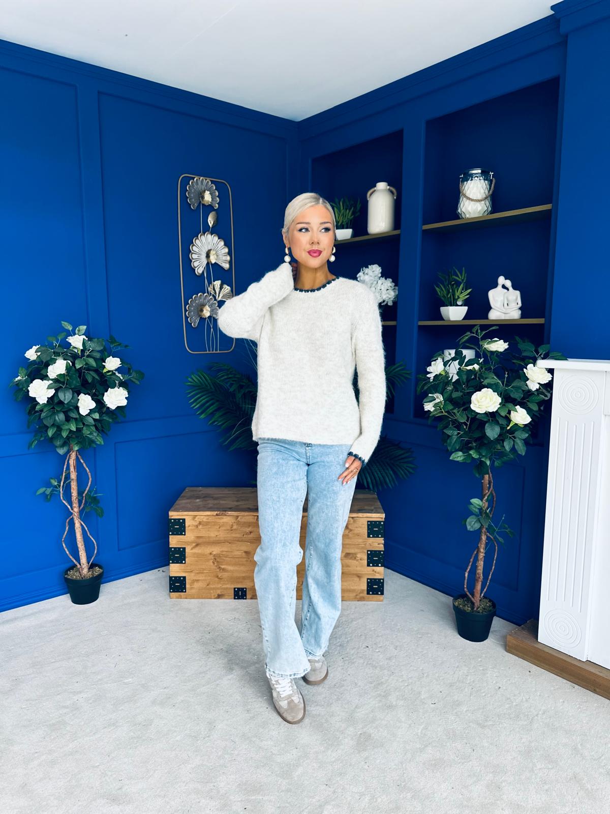 Eliza Chunky Knit Jumper Beige / Navy