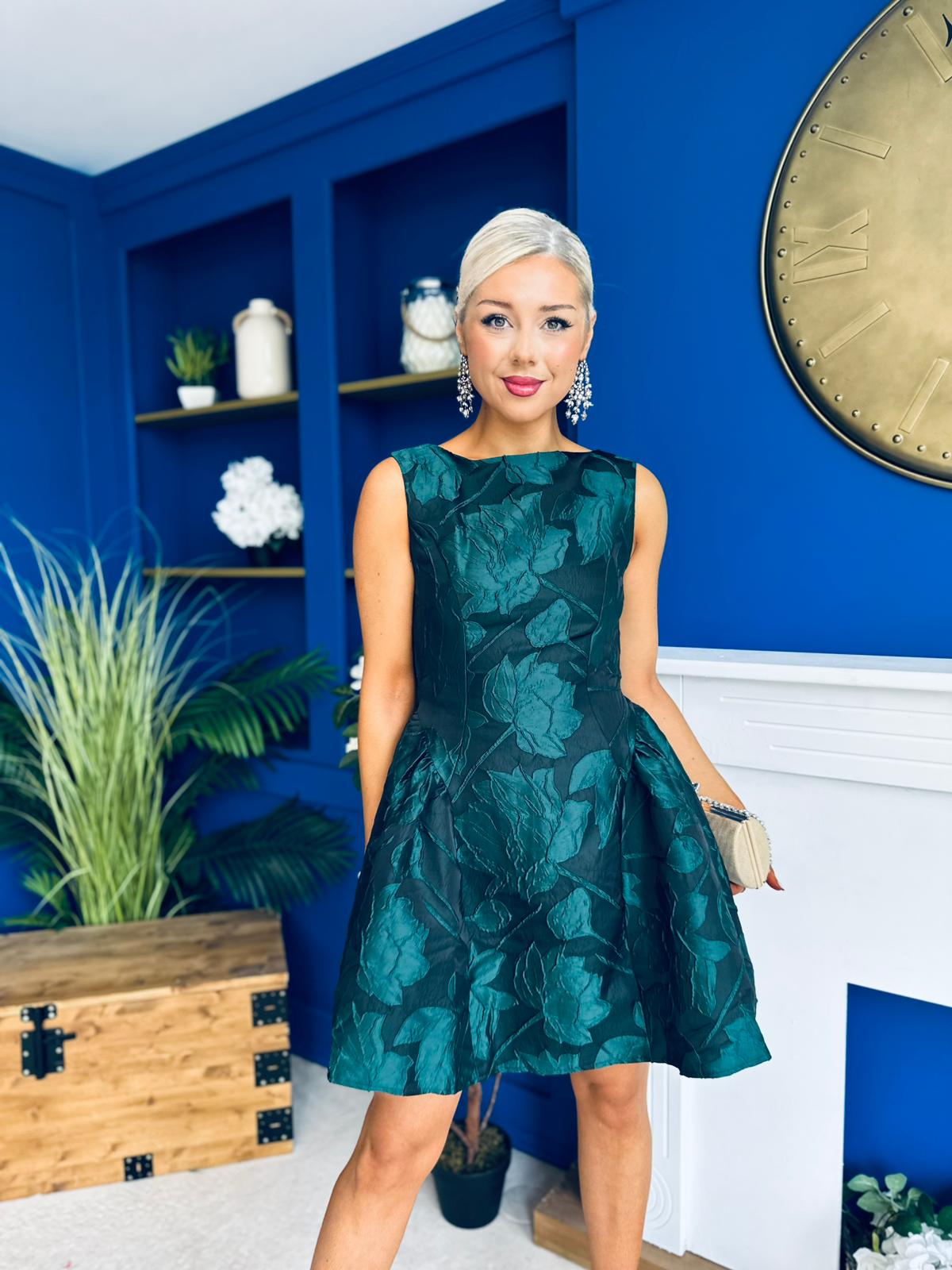 Suri Floral Jacquard Dropped Waist Mini Dress Green Pre Order 19 Sept