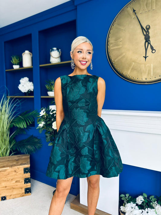 Suri Floral Jacquard Dropped Waist Mini Dress Green Pre Order 19 Sept