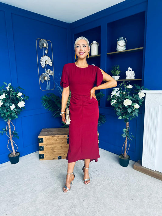 Cleo Ruched Detail Midi Dress Wine