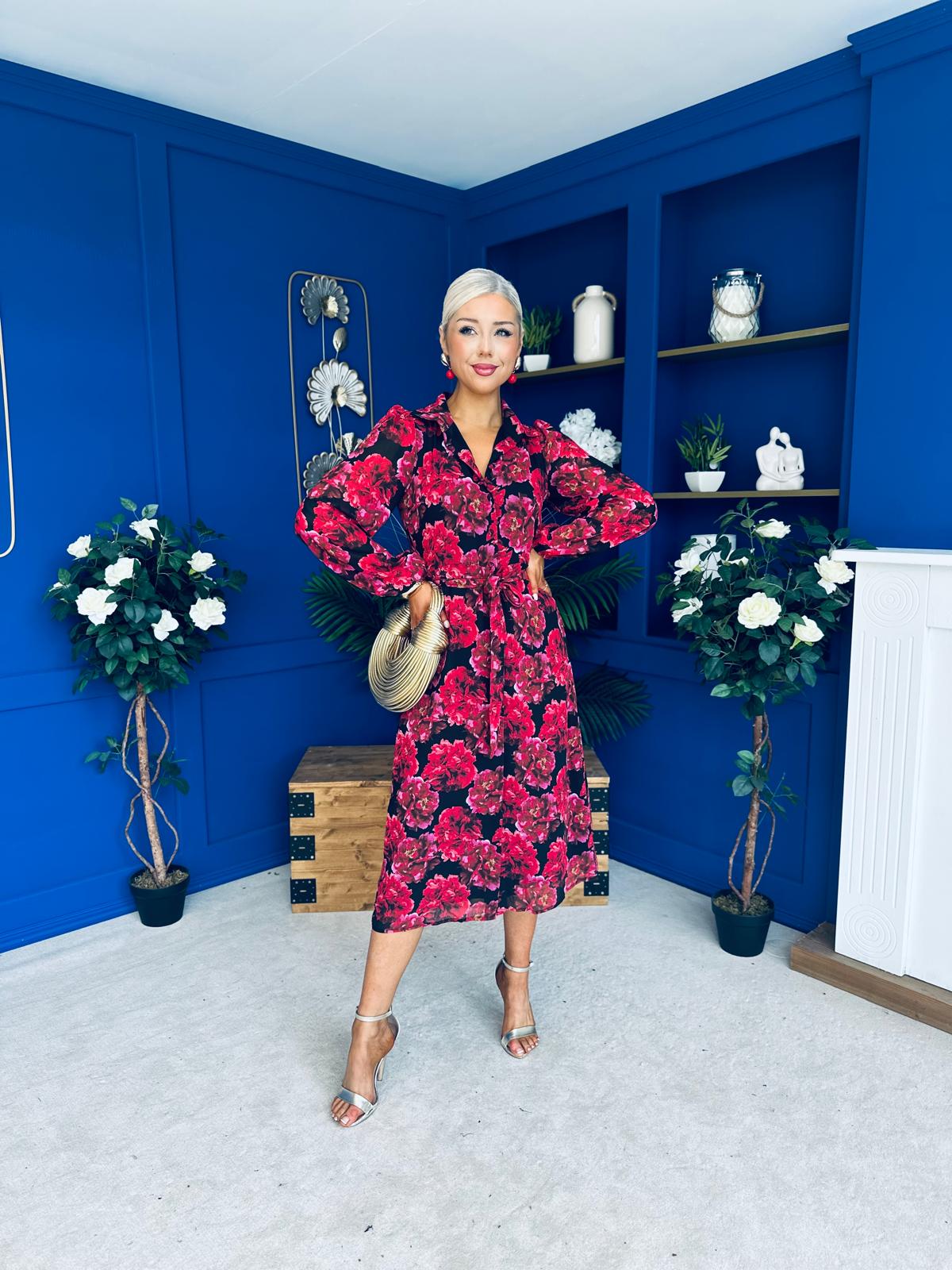 Kaya Red Floral Print Midi Shirt Dress