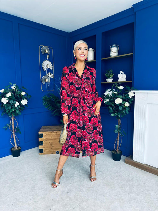 Kaya Red Floral Print Midi Shirt Dress
