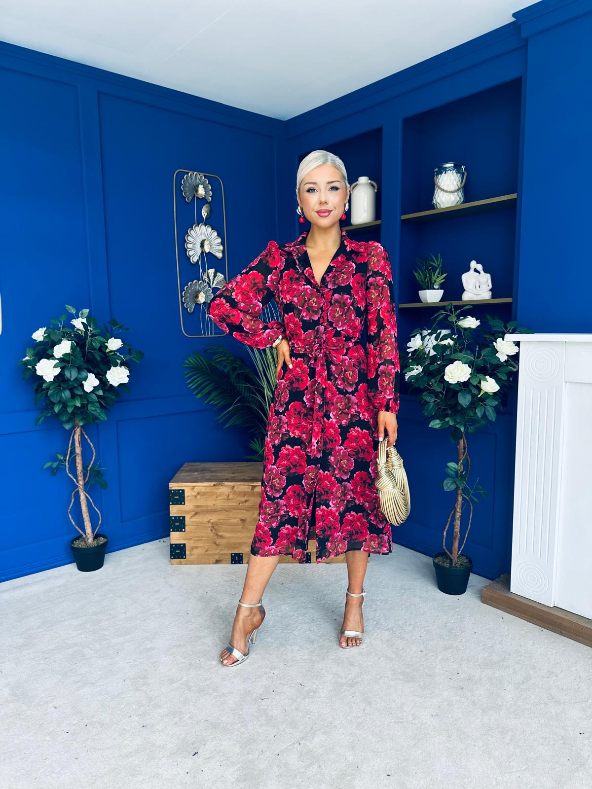 Kaya Red Floral Print Midi Shirt Dress