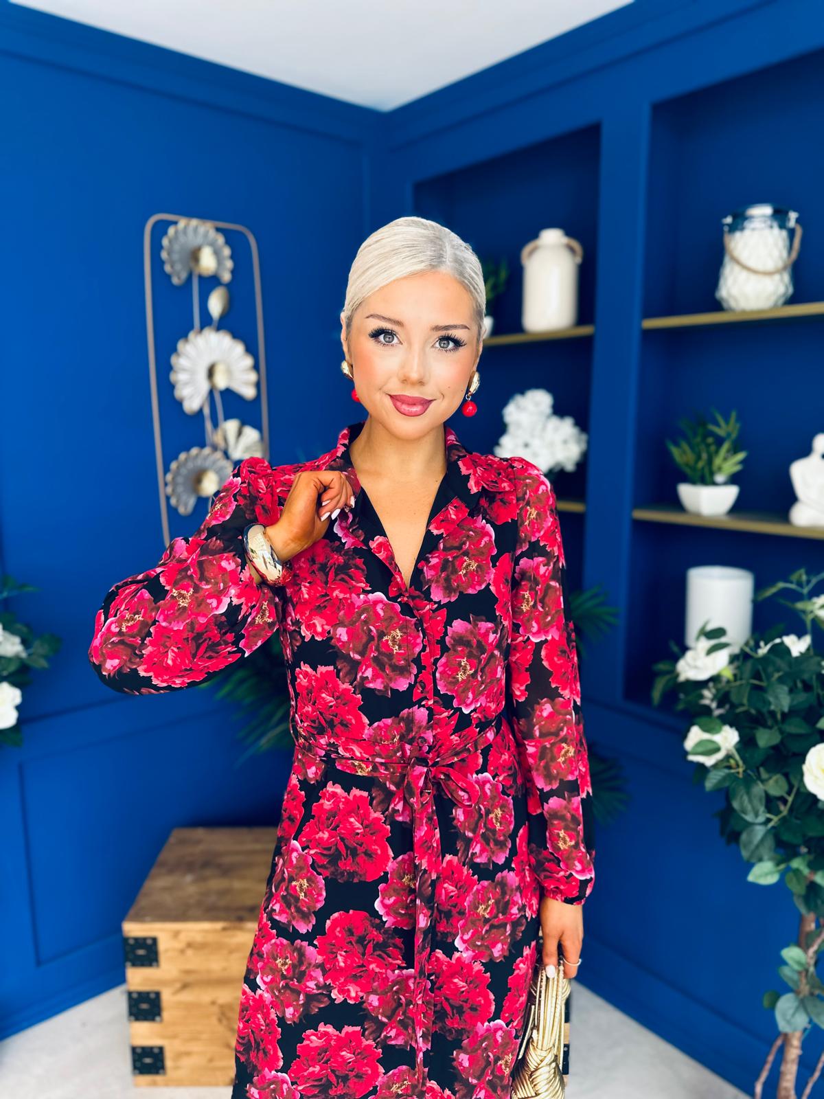 Kaya Red Floral Print Midi Shirt Dress
