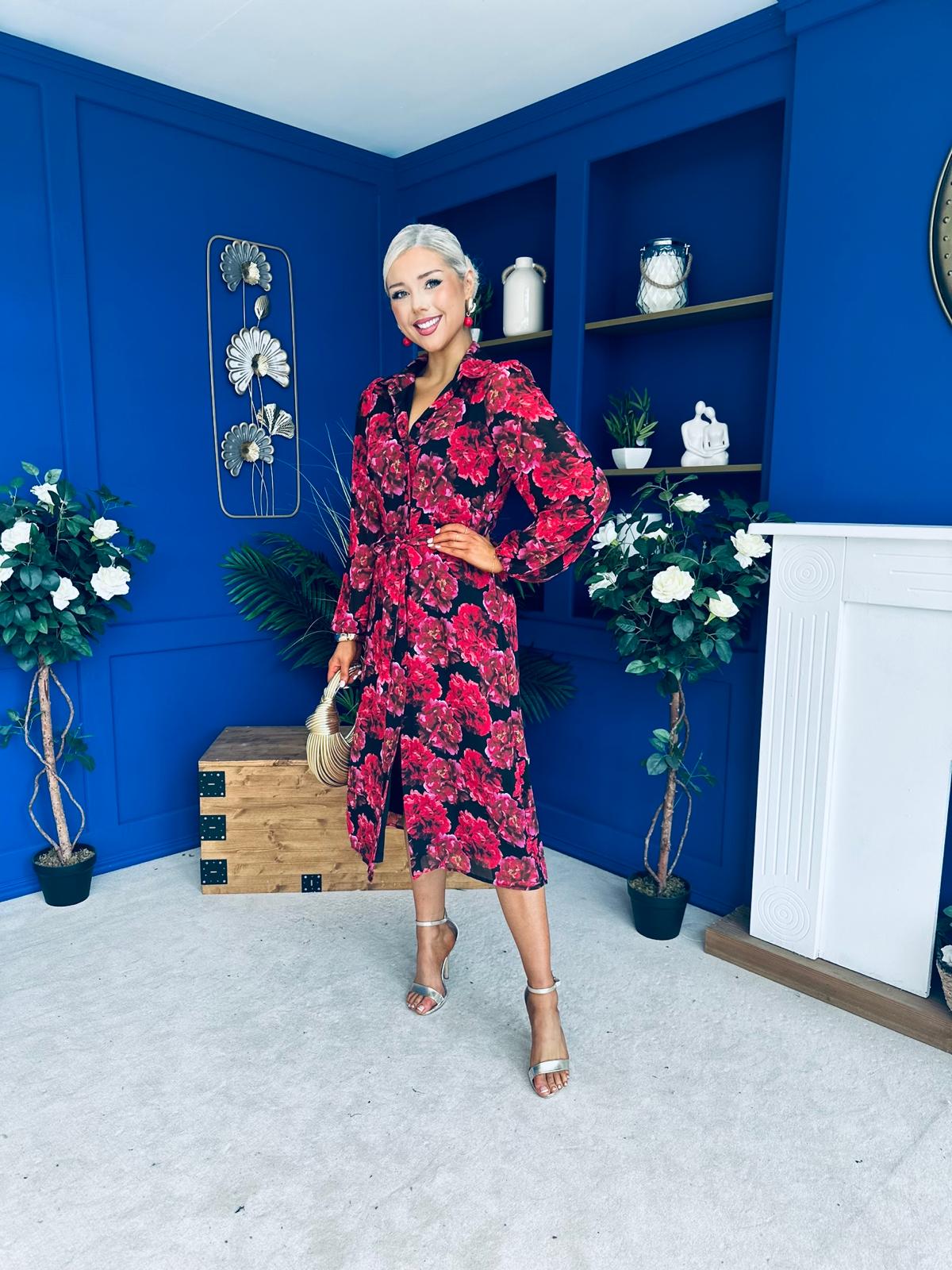Kaya Red Floral Print Midi Shirt Dress