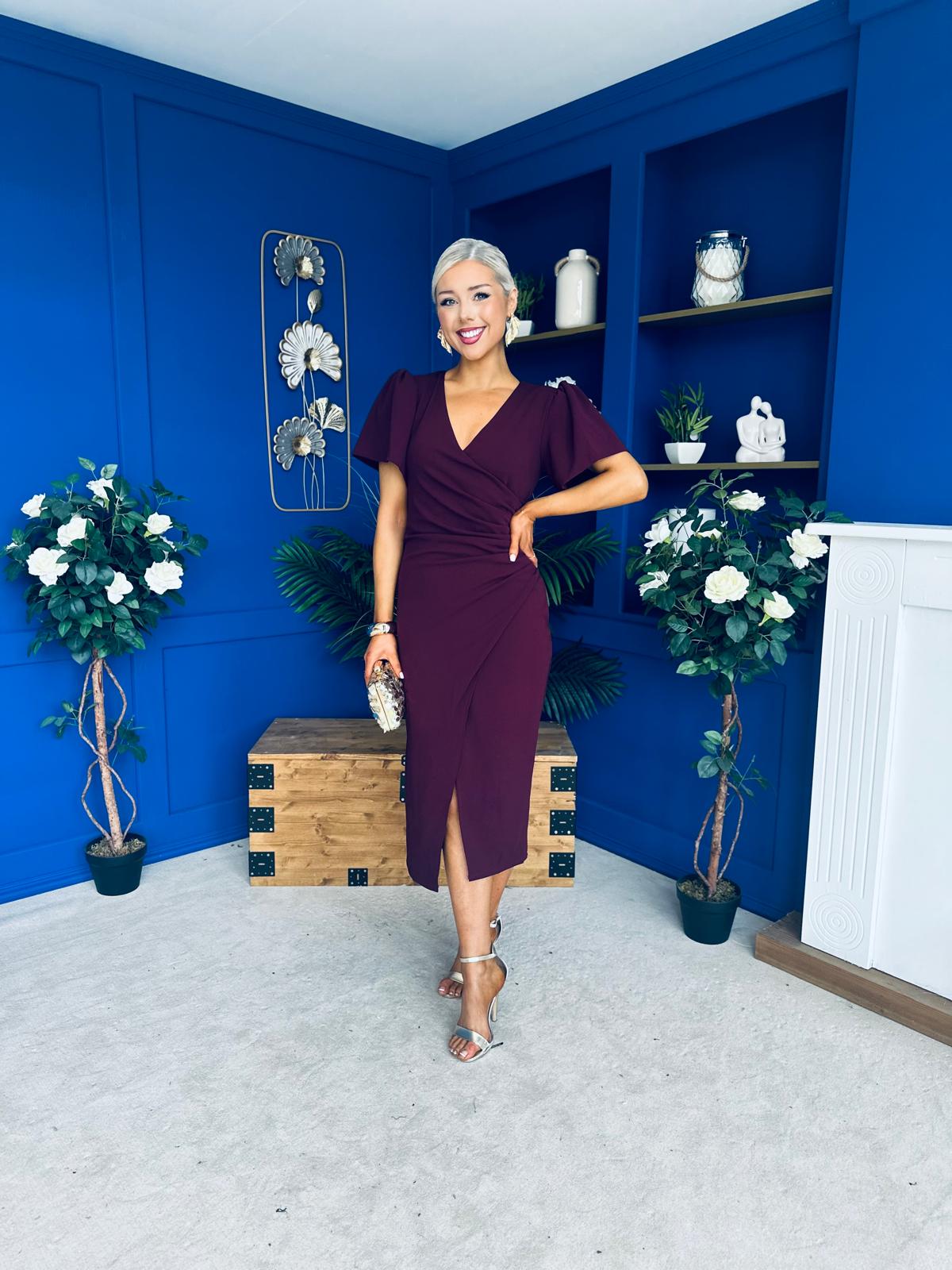Freya Puff Sleeve Wrap Neck Ruched Midi Plum