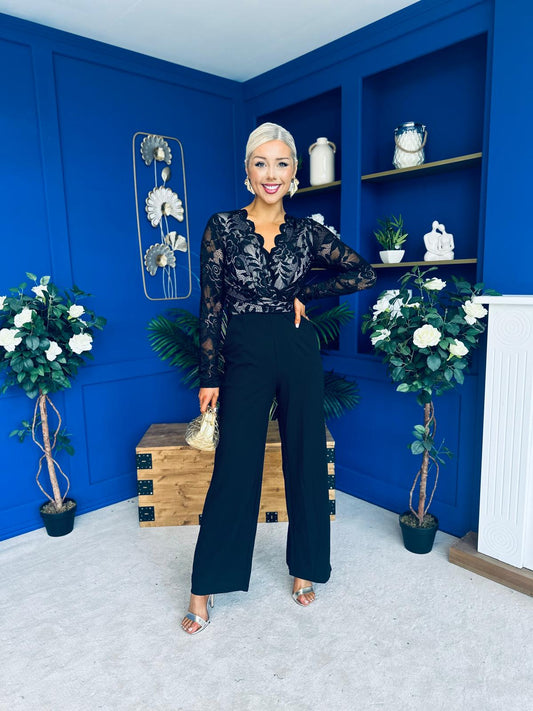 Bridget Twist Font Long Sleeve Lace Jumpsuit Black