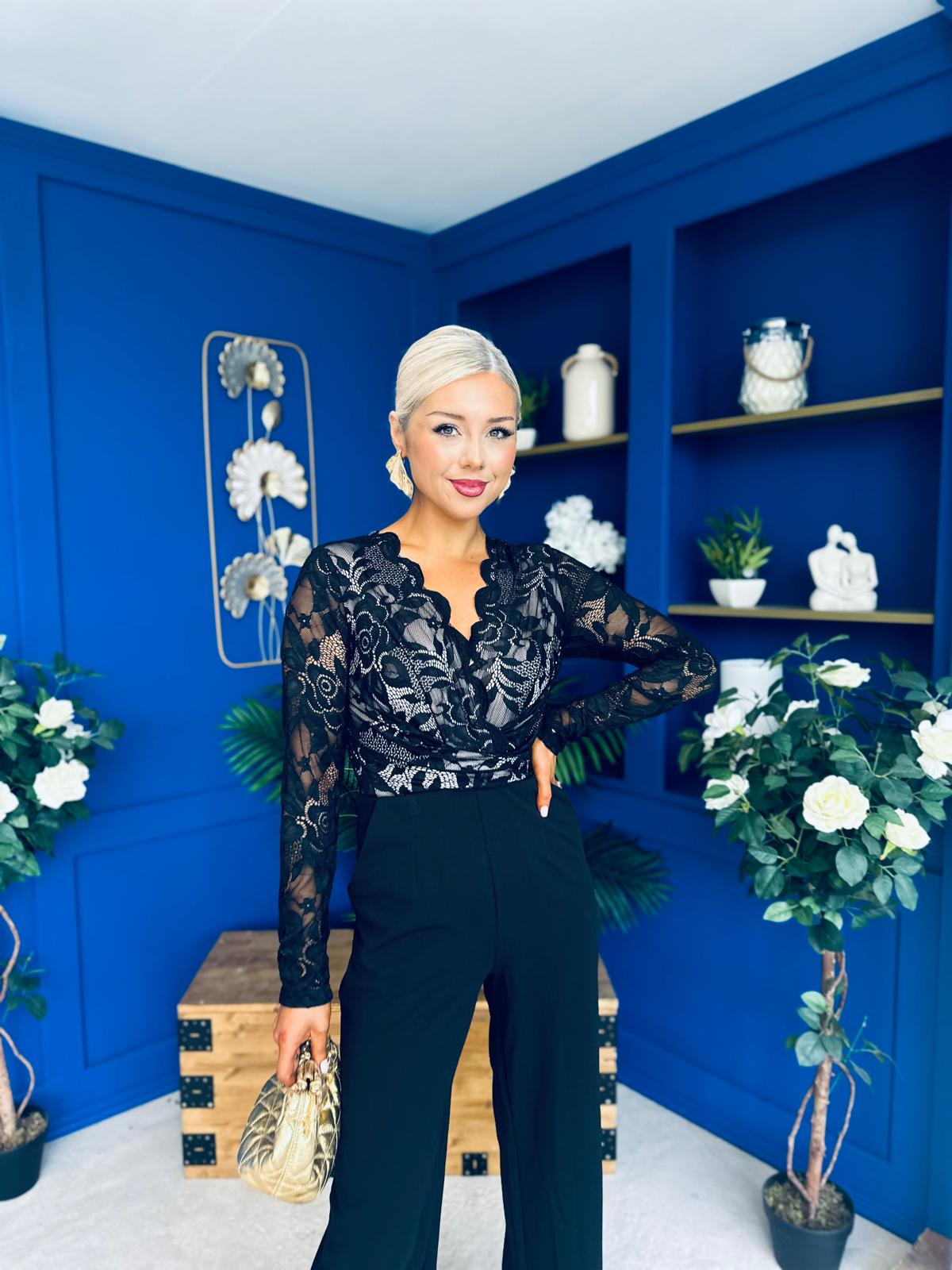 Bridget Twist Font Long Sleeve Lace Jumpsuit Black