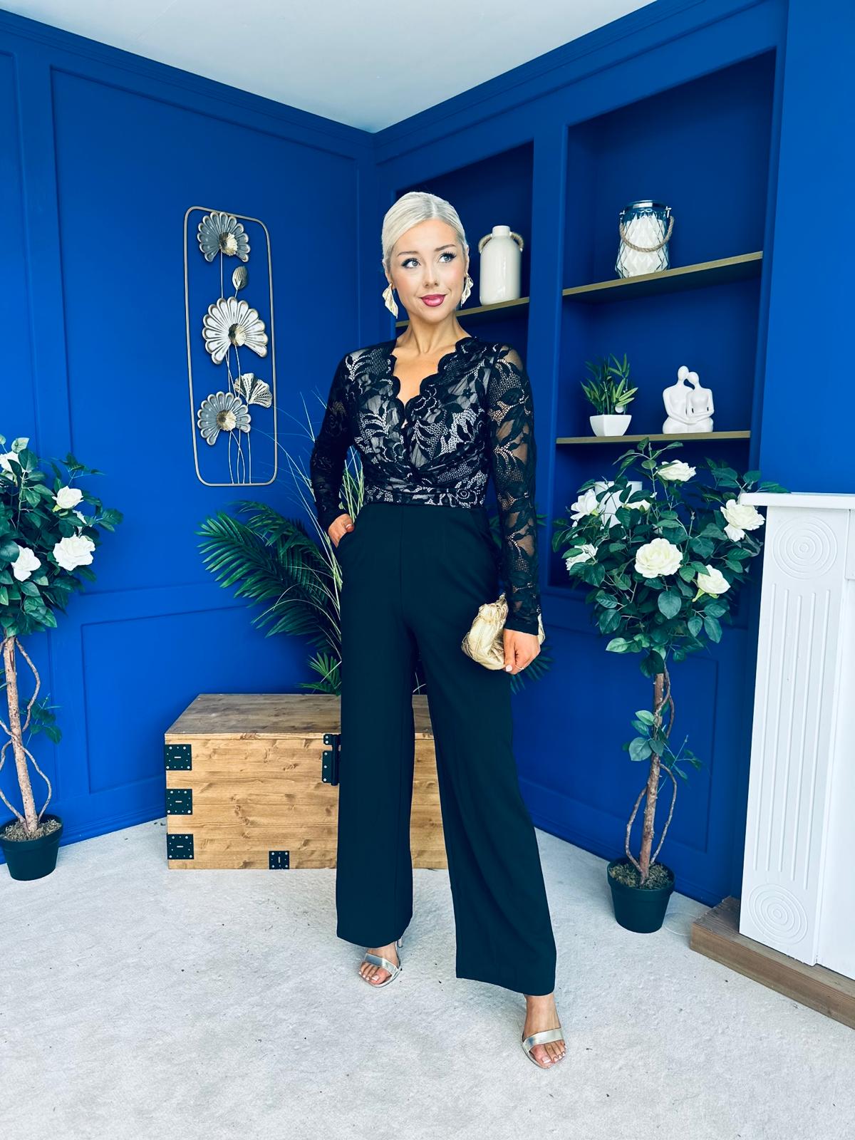 Bridget Twist Font Long Sleeve Lace Jumpsuit Black
