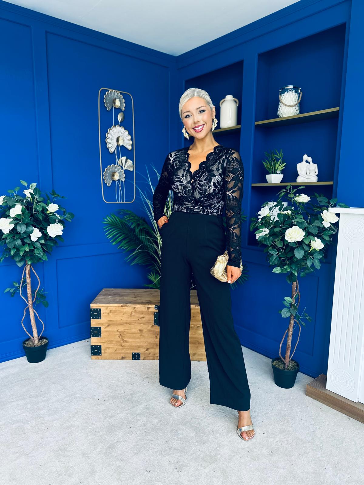 Bridget Twist Font Long Sleeve Lace Jumpsuit Black