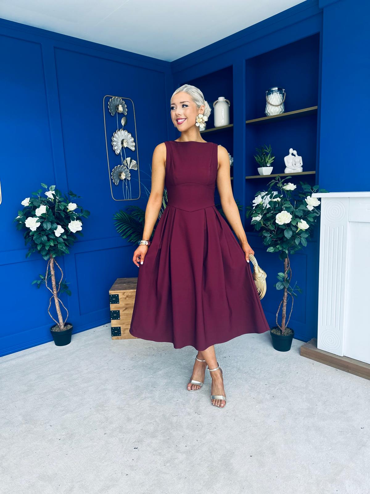 Nesta Boat Neck Skater Midi Dress Burgundy Pre Order 19 Sept