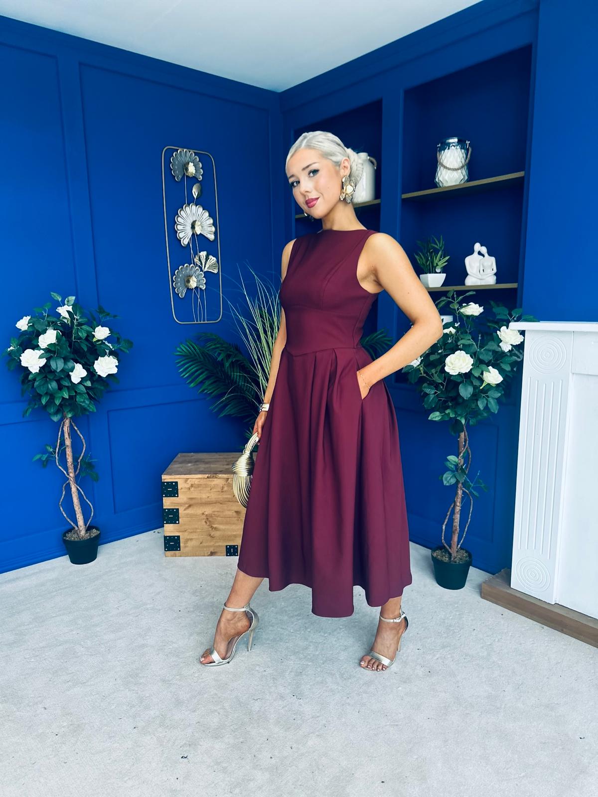Nesta Boat Neck Skater Midi Dress Burgundy Pre Order 19 Sept
