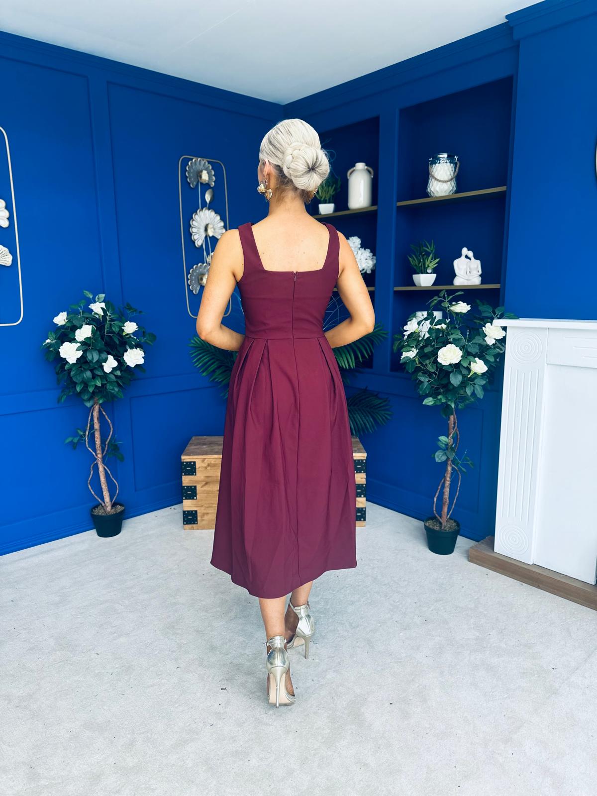 Nesta Boat Neck Skater Midi Dress Burgundy Pre Order 19 Sept