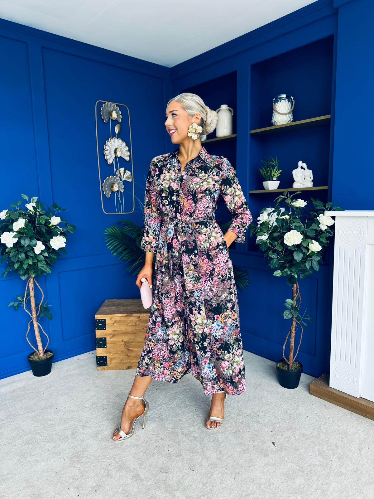 Angela Chiffon Shirt Maxi Dress Black Floral