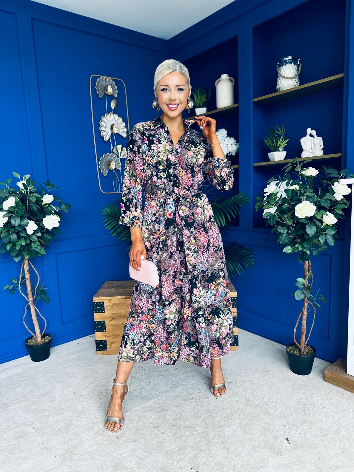 Angela Chiffon Shirt Maxi Dress Black Floral