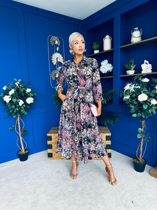 Angela Chiffon Shirt Maxi Dress Black Floral