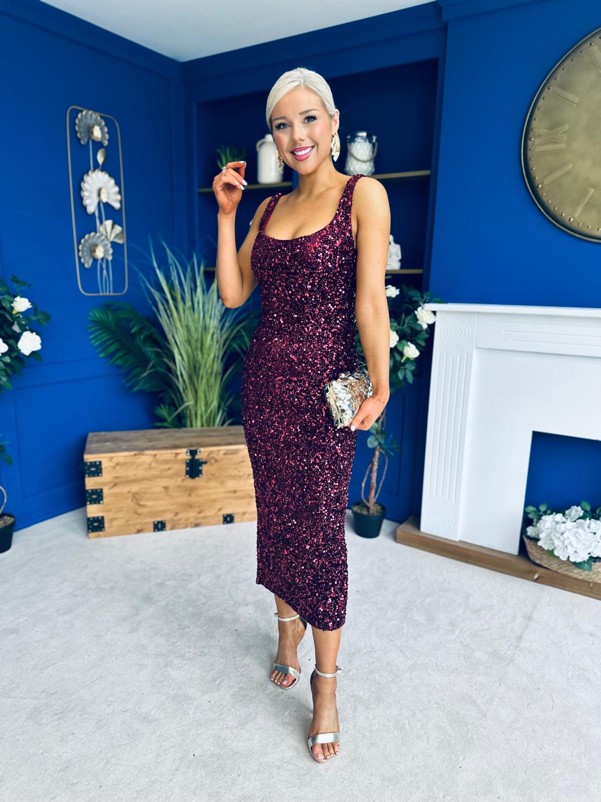 Poppy Sequin Occasion Dress Burgundy