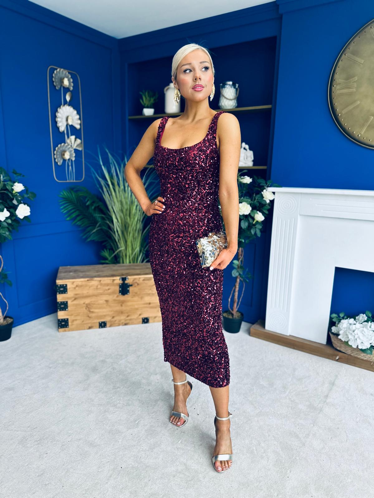 Poppy Sequin Occasion Dress Burgundy