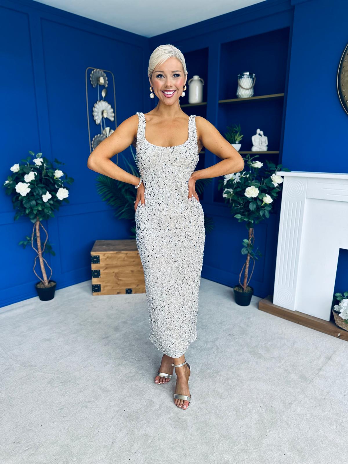 Poppy Sequin Occasion Dress Beige
