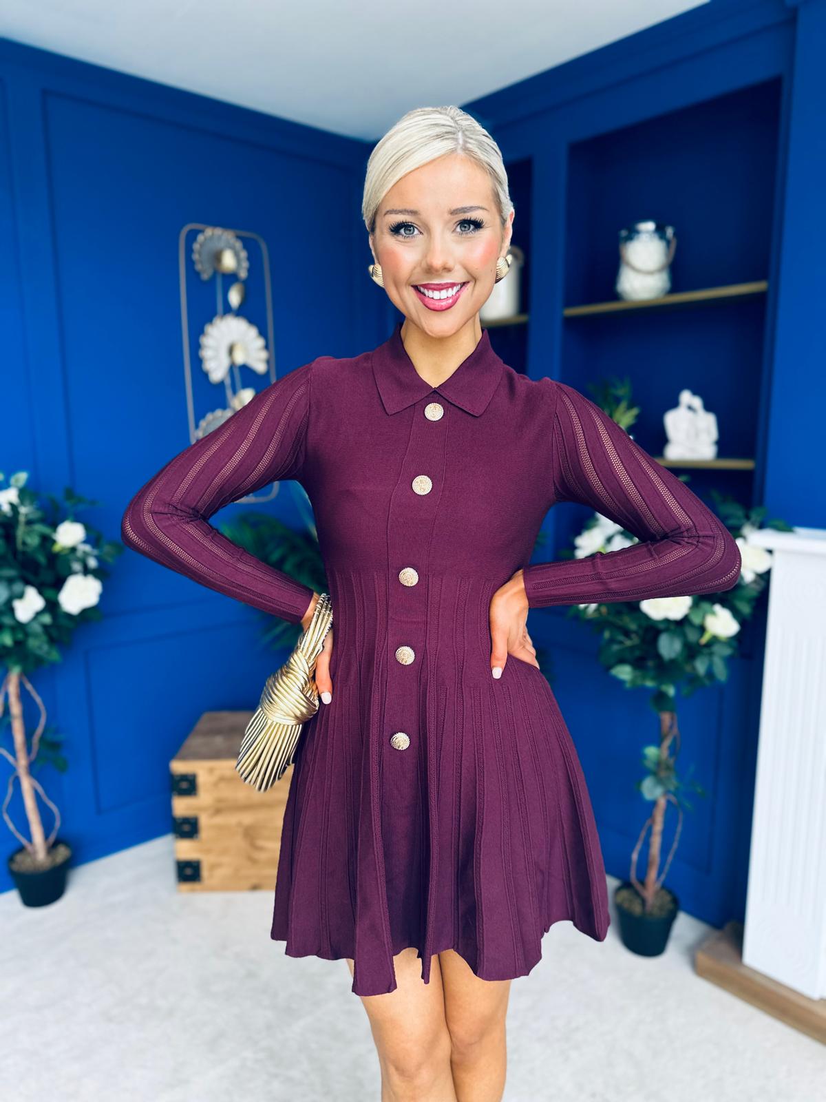 Rhea Button Detail Mini Dress Burgundy